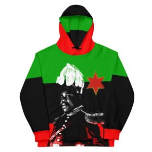 Marcus Garvey Unisex Hoodie front view made from soft cotton feel fabric with fleece lining, double hoodie and front pocket. Irie Jamaican Hoodies.