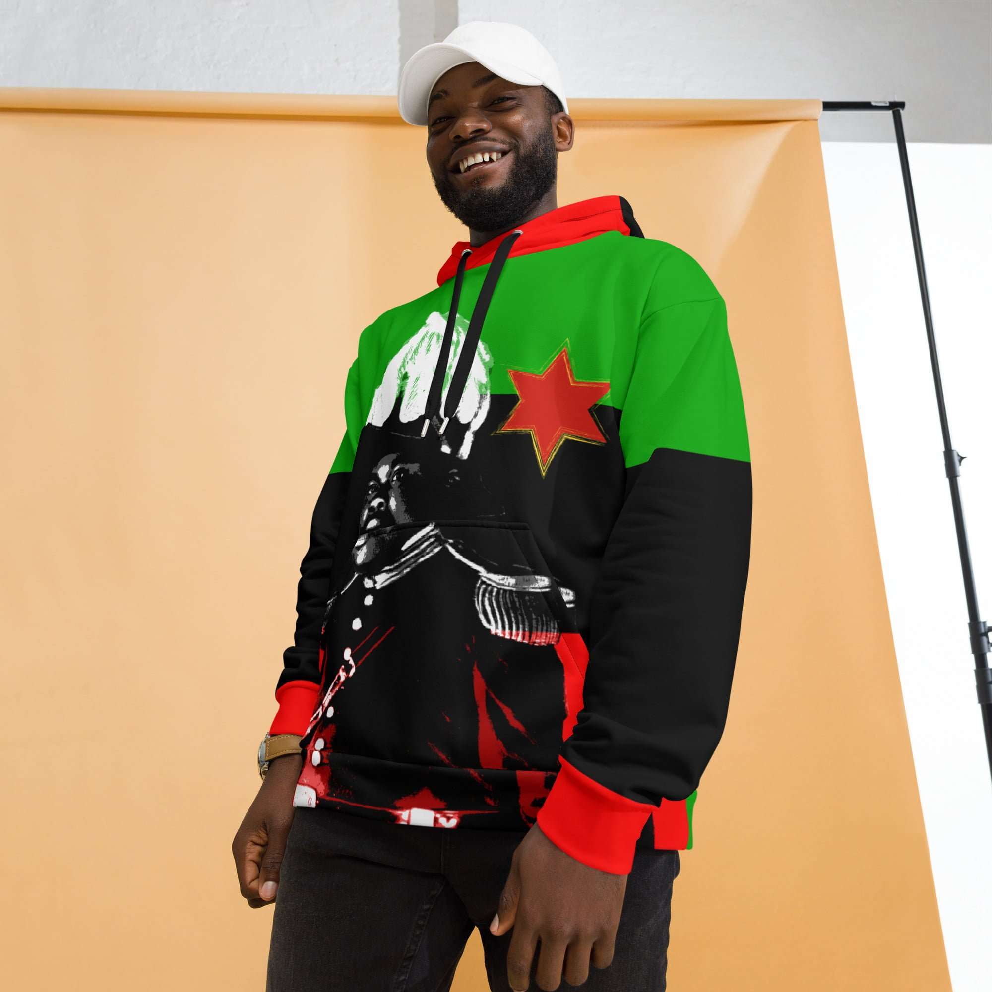 Marcus Garvey Unisex Hoodie front model view made from soft cotton feel fabric with fleece lining, double hoodie and front pocket. Irie Jamaican Hoodies.
