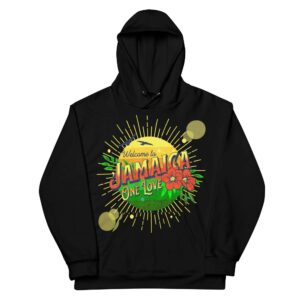 One Love Hoodie front view soft fabric with fleece inside is a unisex design. Available from 2XS to 6XL there is a size for everyone.