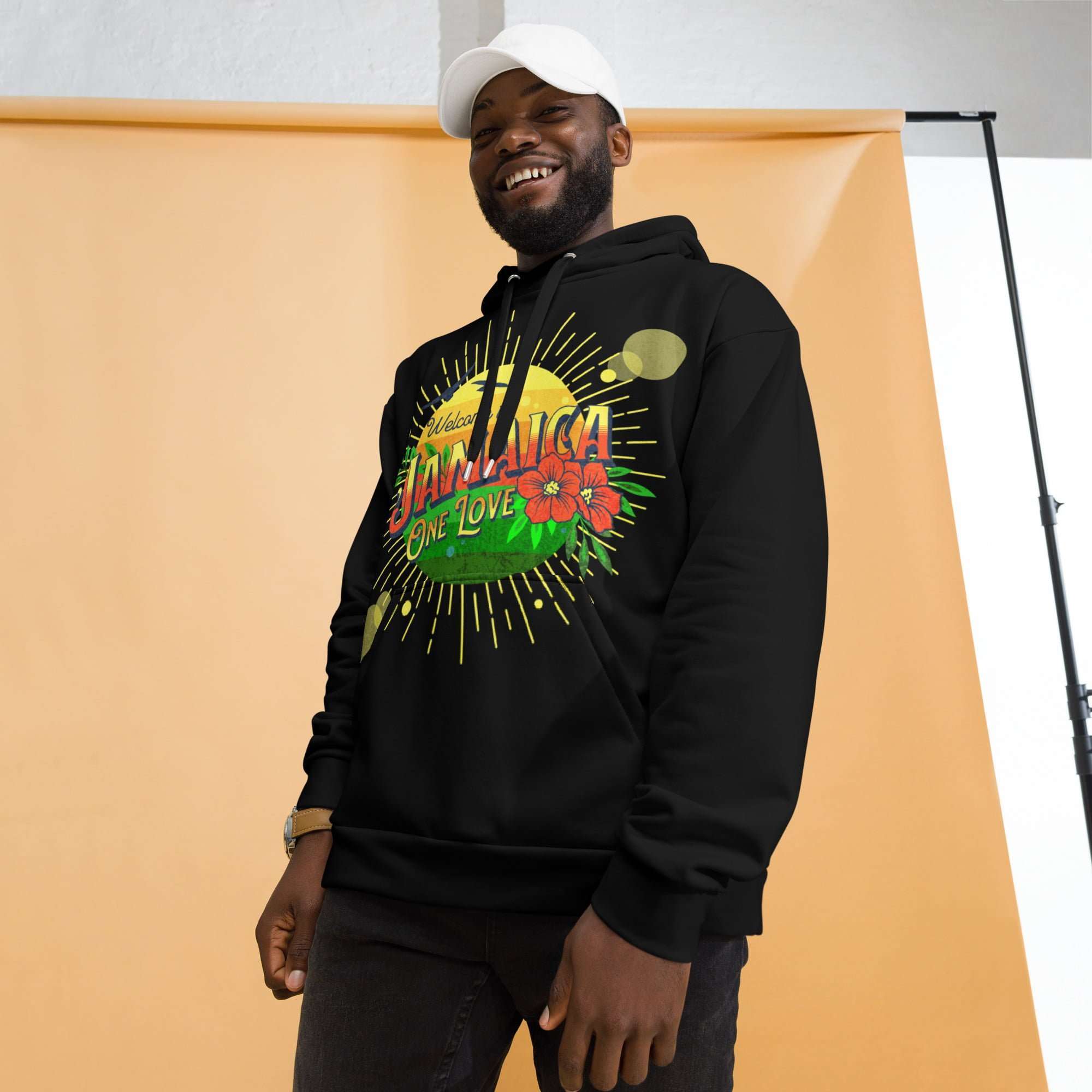 One Love Hoodie model view soft fabric with fleece inside is a unisex design. Available from 2XS to 6XL there is a size for everyone.