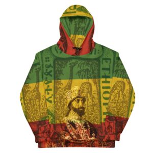Haile Selassie African Rasta Hoodie front view in cosy cotton feel fabric with fleece lining, double hoodie and front pocket. Haile Selassie clothing at Rastaseed.com