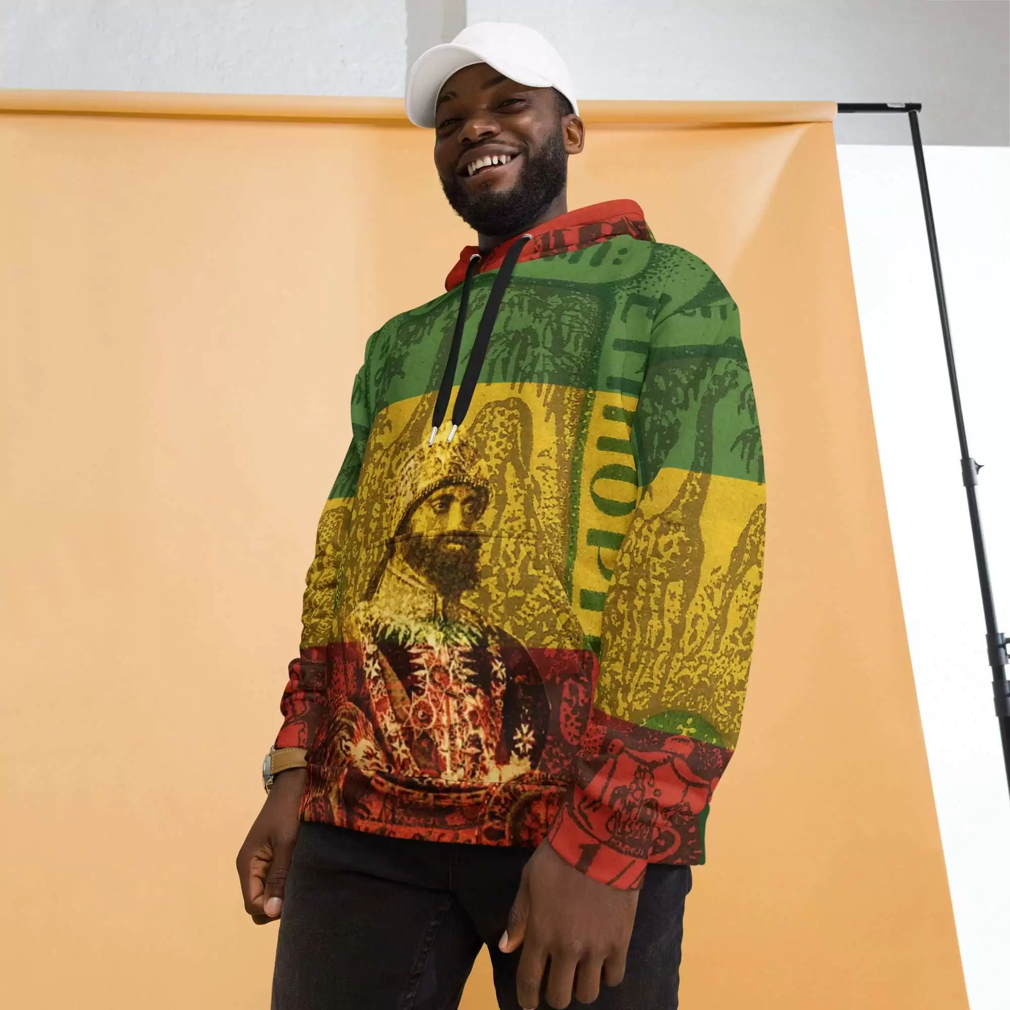 Haile Selassie African Rasta Hoodie model view in cosy cotton feel fabric with fleece lining, double hoodie and front pocket. Haile Selassie clothing at Rastaseed.com