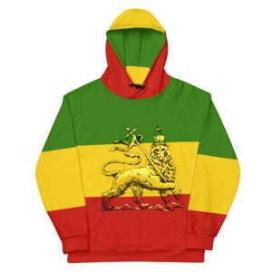 Conquering Lion of Judah Rasta Hoodie front view made from soft comfortable fabric with soft fleece inside. Double lined hood and front pocket.