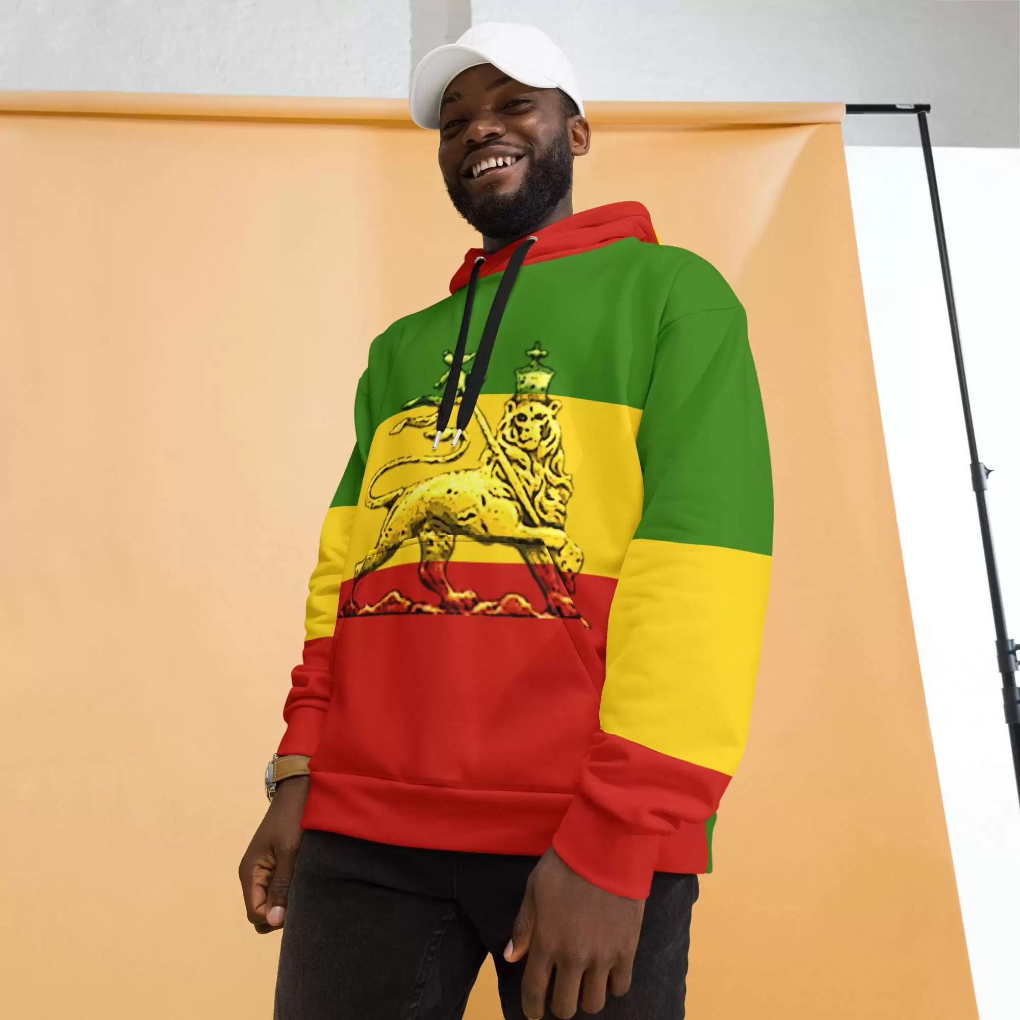 Conquering Lion of Judah Rasta Hoodie model view made from soft comfortable fabric with soft fleece inside. Double lined hood and front pocket.