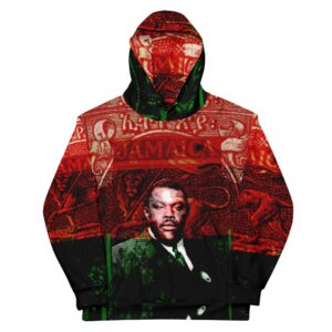 Garvey Revolutionary Hoodie front view in cosy cotton feel fabric with soft fleece lining, double hoodie and front pocket. Rasta and Jamaican Clothing at Rastaseed.com