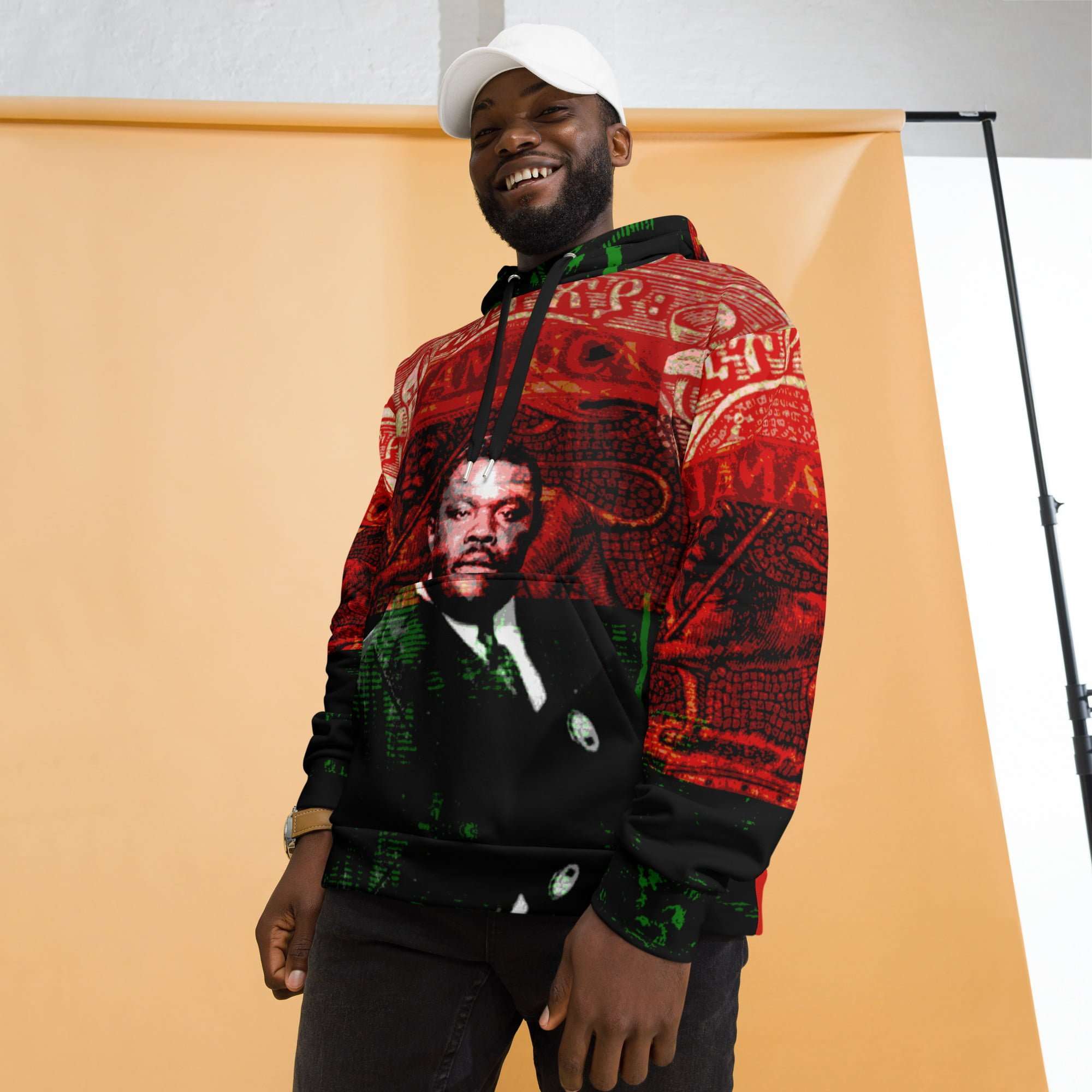 Garvey Revolutionary Hoodie model view in cosy cotton feel fabric with soft fleece lining, double hoodie and front pocket. Rasta and Jamaican Clothing at Rastaseed.com