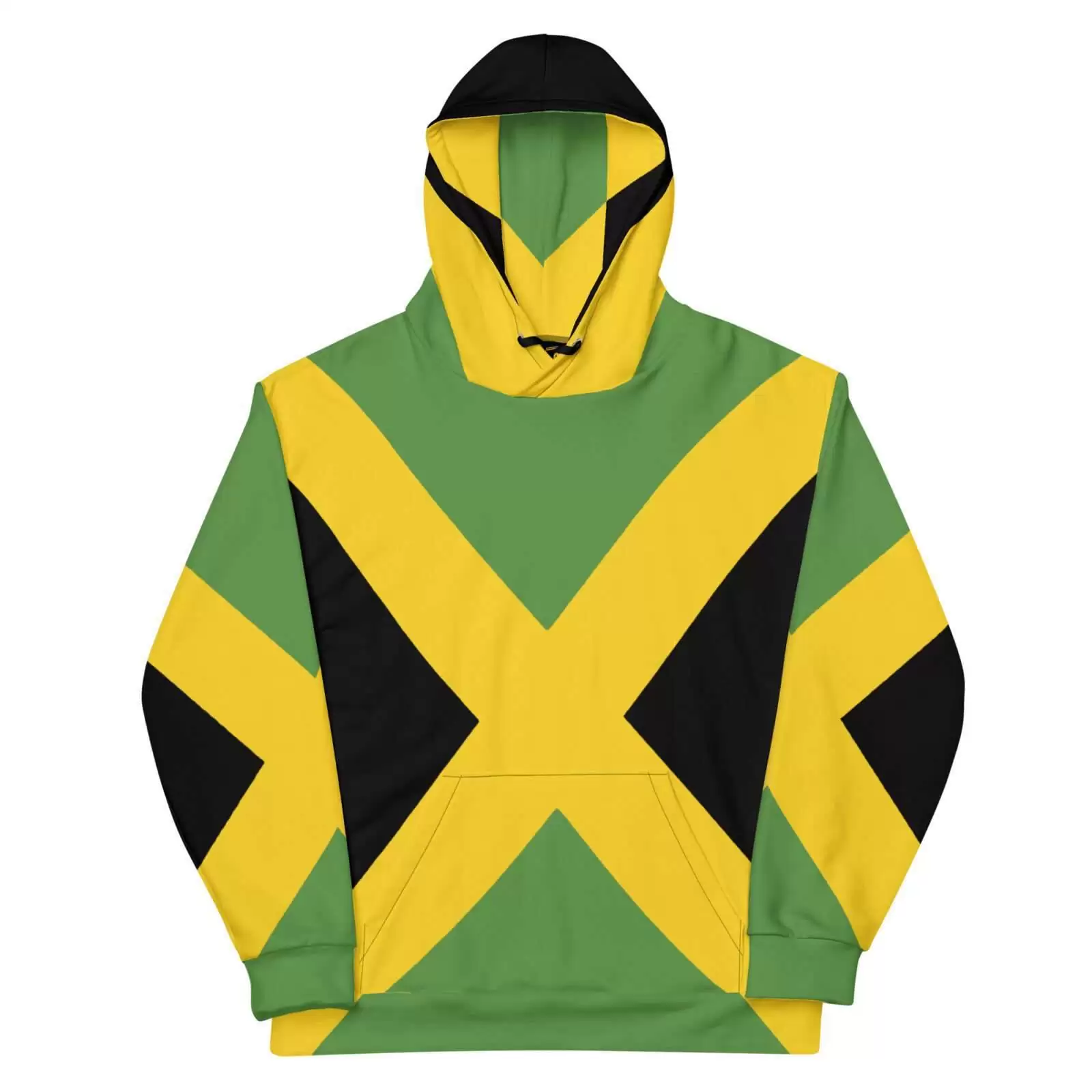 Jamaican Flags Hoodie front view in warm cosy fabric with fleece lining, double hoodie and front pocket. Rastaseed Jamaican merchandise and clothing.