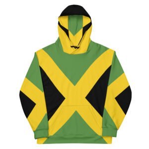 Jamaican Flags Hoodie front view in warm cosy fabric with fleece lining, double hoodie and front pocket. Rastaseed Jamaican merchandise and clothing.