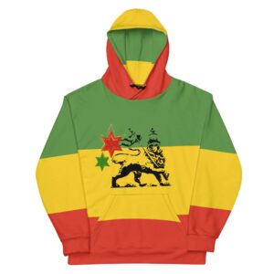 Rasta hoodie front view in the Rastafarian colors made from soft cotton feel fabric with fleece lining, double hoodie and front pocket.
