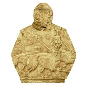 Rasta Lion Ancient Amharic Hoodie front view in pullover style. Muted stone color with ancient original print. Rastaseed original Reggae clothing shop.