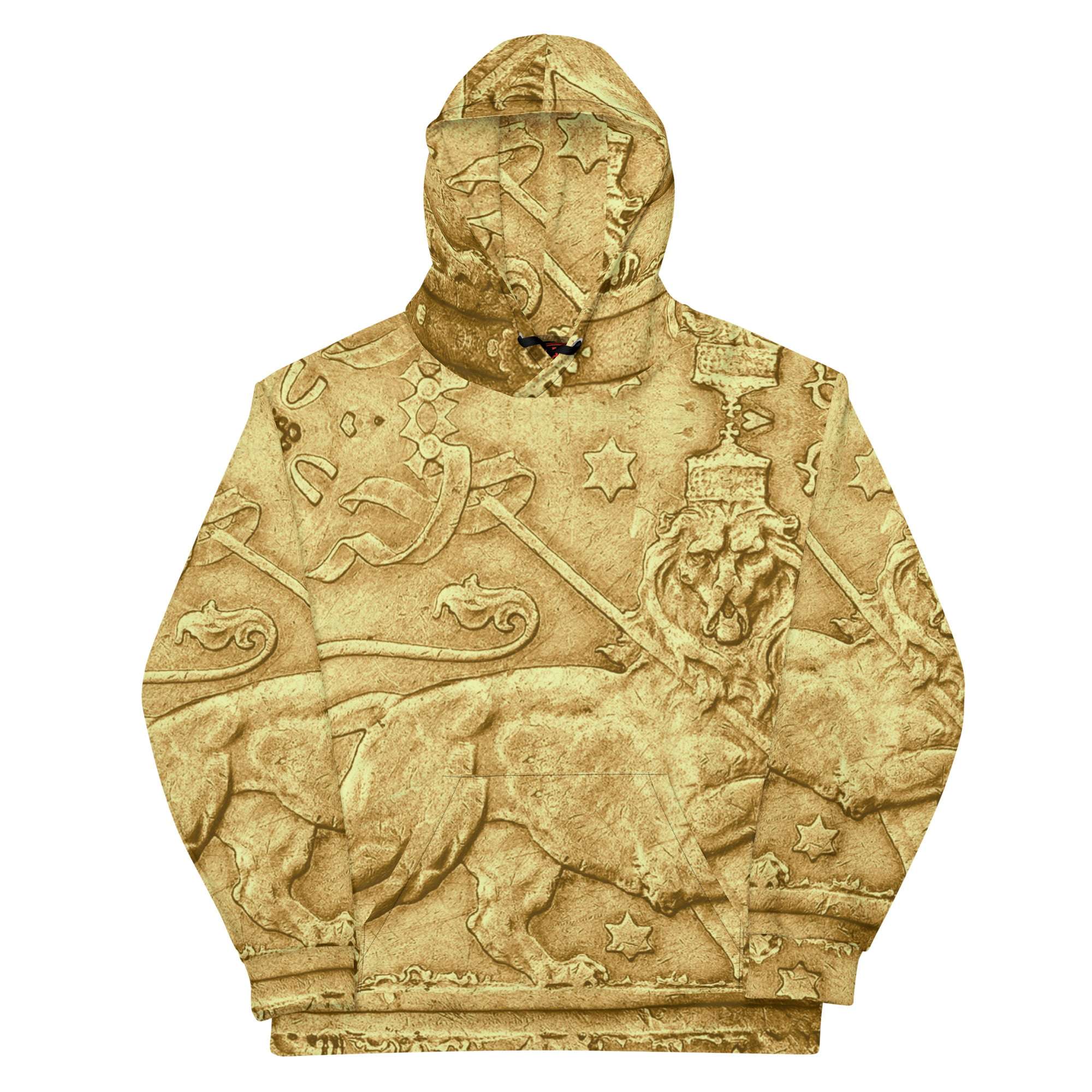 Rasta Lion Ancient Amharic Hoodie front view in pullover style. Muted stone color with ancient original print. Rastaseed original Reggae clothing shop.