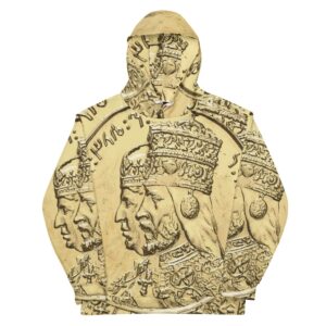 Haile Selassie Empress Menen Gold Hoodie front view in cosy cotton feel fabric with soft fleece lining double hoodie and front pocket.