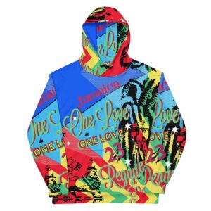One Love Jamaican Reggae Party Hoodie front view in cosy cotton feel fabric with fleece lining, double hoodie and front pocket. Reggae party clothing at Rastaseed.com