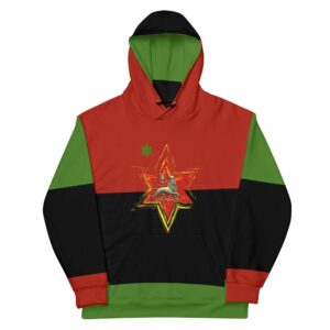 Rasta Pan African Lion Hoodie front view in cosy cotton feel fabric with fleece lining, double hoodie and front pocket. Original Rasta merchandise at rastaseed.com