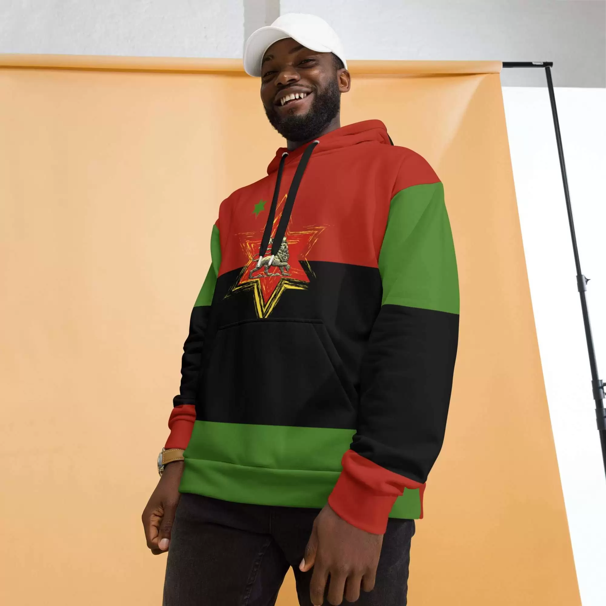 Rasta Pan African Lion Hoodie model view in cosy cotton feel fabric with fleece lining, double hoodie and front pocket. Original Rasta merchandise at rastaseed.com