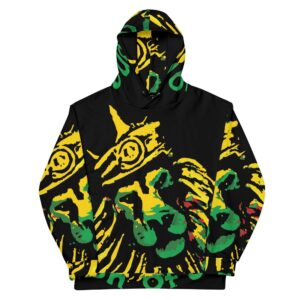 Jamrock Jamaican Hoodie front view made from soft cotton feel fabric and fleece lining with double hoodie and front pocket. Jamaican merchandise and clothing.
