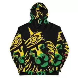 Jamrock Jamaican Hoodie front view made from soft cotton feel fabric and fleece lining with double hoodie and front pocket. Jamaican merchandise and clothing.