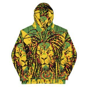 Jamaica Lion Hoodie front view in Jamaican colors with Lion of Judah design. Soft cosy cotton feel fabric with soft fleece lining, double hoodie and front pocket.