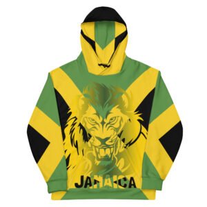 Jamaican Lion of Judah Hoodie front view with fierce lion on the front. Made from cosy cotton feel fabric with fleece lining, double hoodie and front pocket.