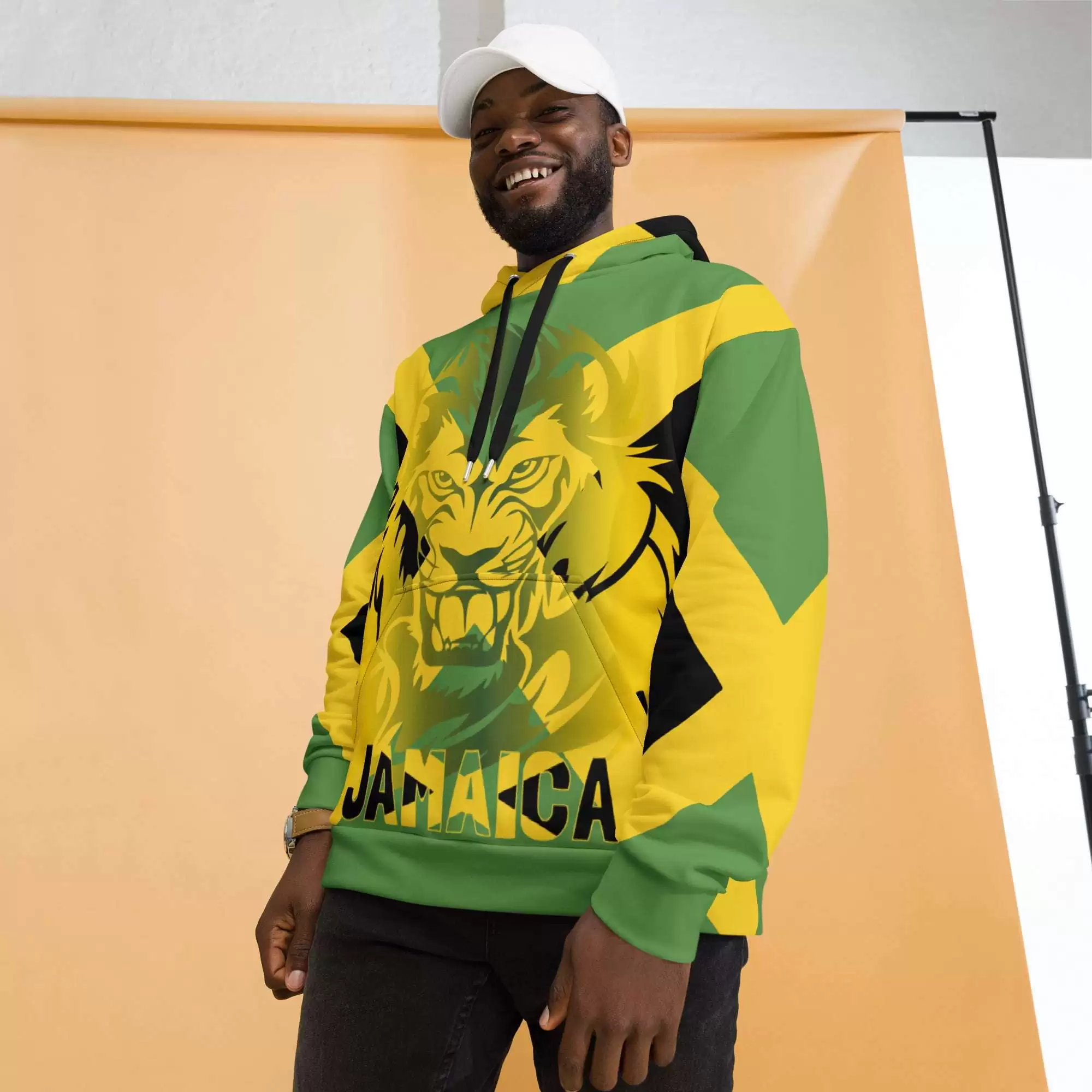 Jamaican Lion of Judah Hoodie model view with fierce lion on the front. Made from cosy cotton feel fabric with fleece lining, double hoodie and front pocket.
