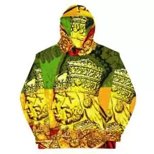 Haile Selassie Empress Menen Hoodie in cosy cotton feel fabric with soft fleece lining, double hoodie and front pocket. Rasta clothing and gear.