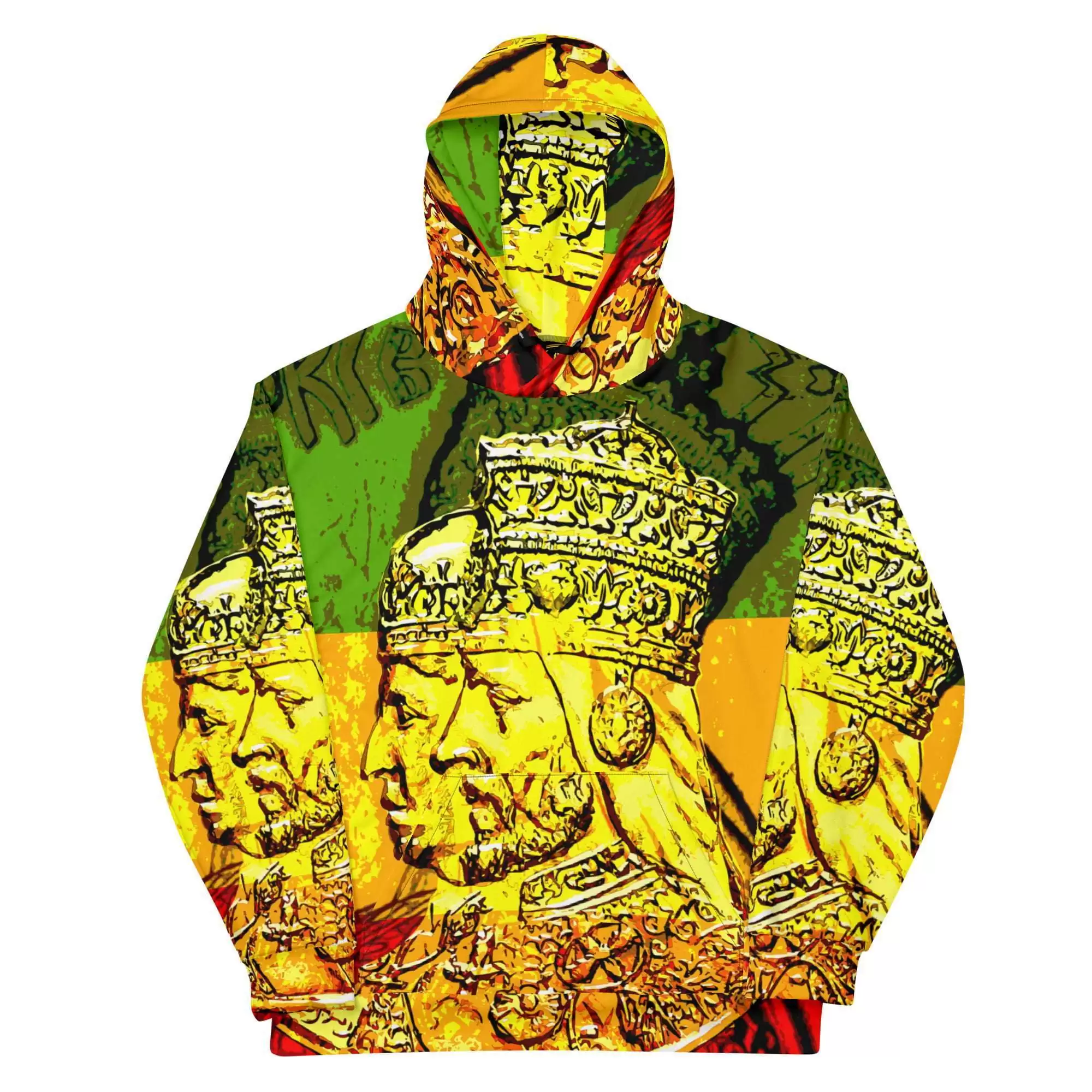 Haile Selassie Empress Menen Hoodie in cosy cotton feel fabric with soft fleece lining, double hoodie and front pocket. Rasta clothing and gear.