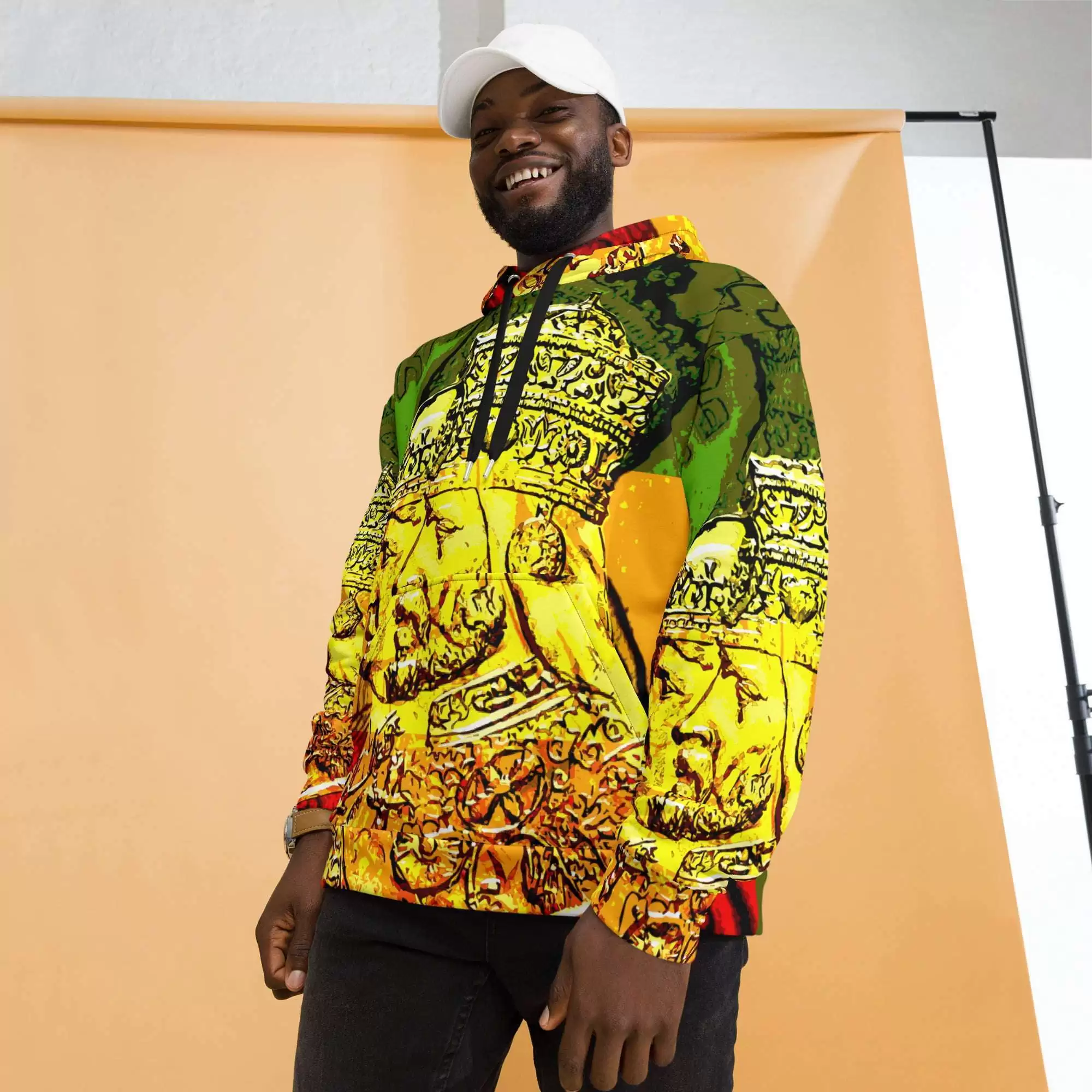 Haile Selassie Empress Menen Hoodie model view in cosy cotton feel fabric with soft fleece lining, double hoodie and front pocket. Rasta clothing and gear.