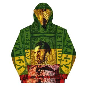 Selassie I Hoodie in Rasta front view colors and a soft cotton feel fabric with fleecy lining, double hoodie and front pocket. Rasta and Jamaican merchandise.