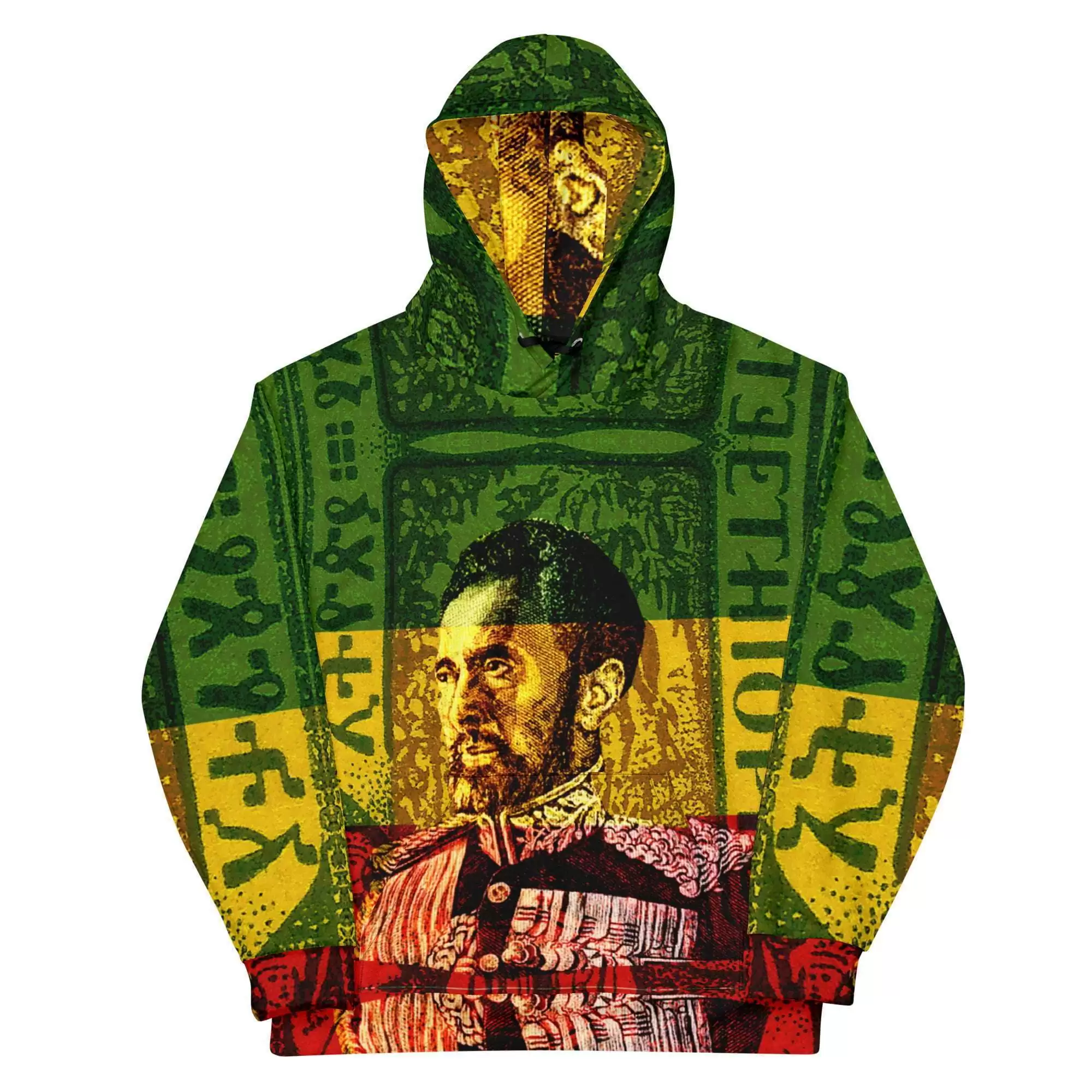 Selassie I Hoodie in Rasta front view colors and a soft cotton feel fabric with fleecy lining, double hoodie and front pocket. Rasta and Jamaican merchandise.