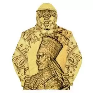 Emperor Haile Selassie Amharic Hoodie front view in cosy cotton feel fabric with fleece lining, double hoodie and front pocket. Rasta clothing and merchandise.