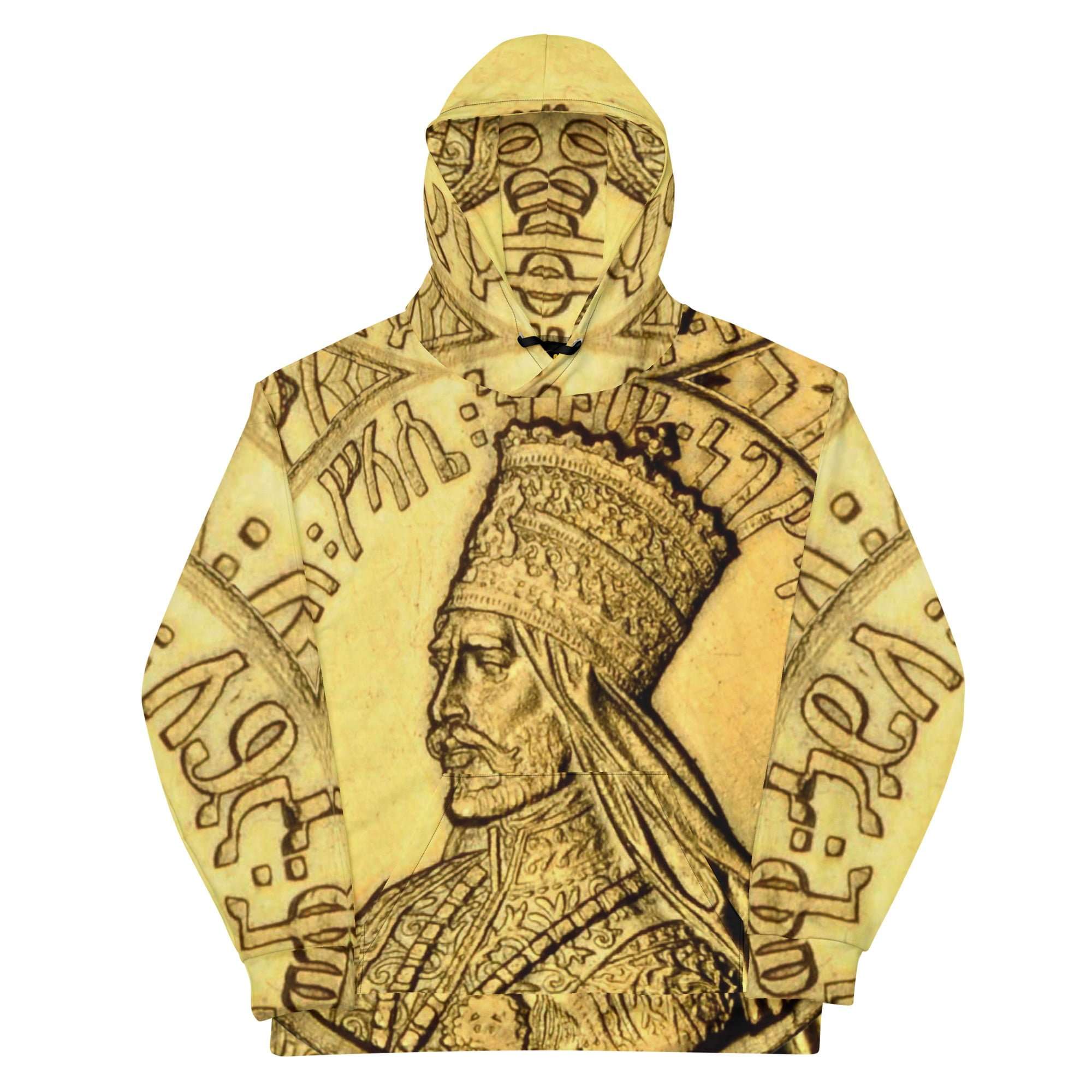 Emperor Haile Selassie Amharic Hoodie front view in cosy cotton feel fabric with fleece lining, double hoodie and front pocket. Rasta clothing and merchandise.