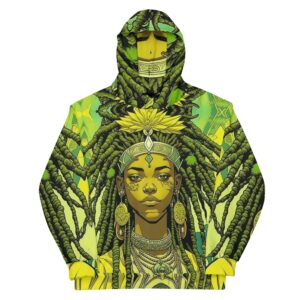 Empress Rasta Hoodie front view, dreadlocks and water lillies. Green queen goddess in original design from rastaseed.com Rastafarian clothing.