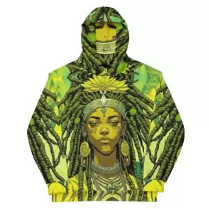 Empress Rasta Hoodie front view, dreadlocks and water lillies. Green queen goddess in original design from rastaseed.com Rastafarian clothing.