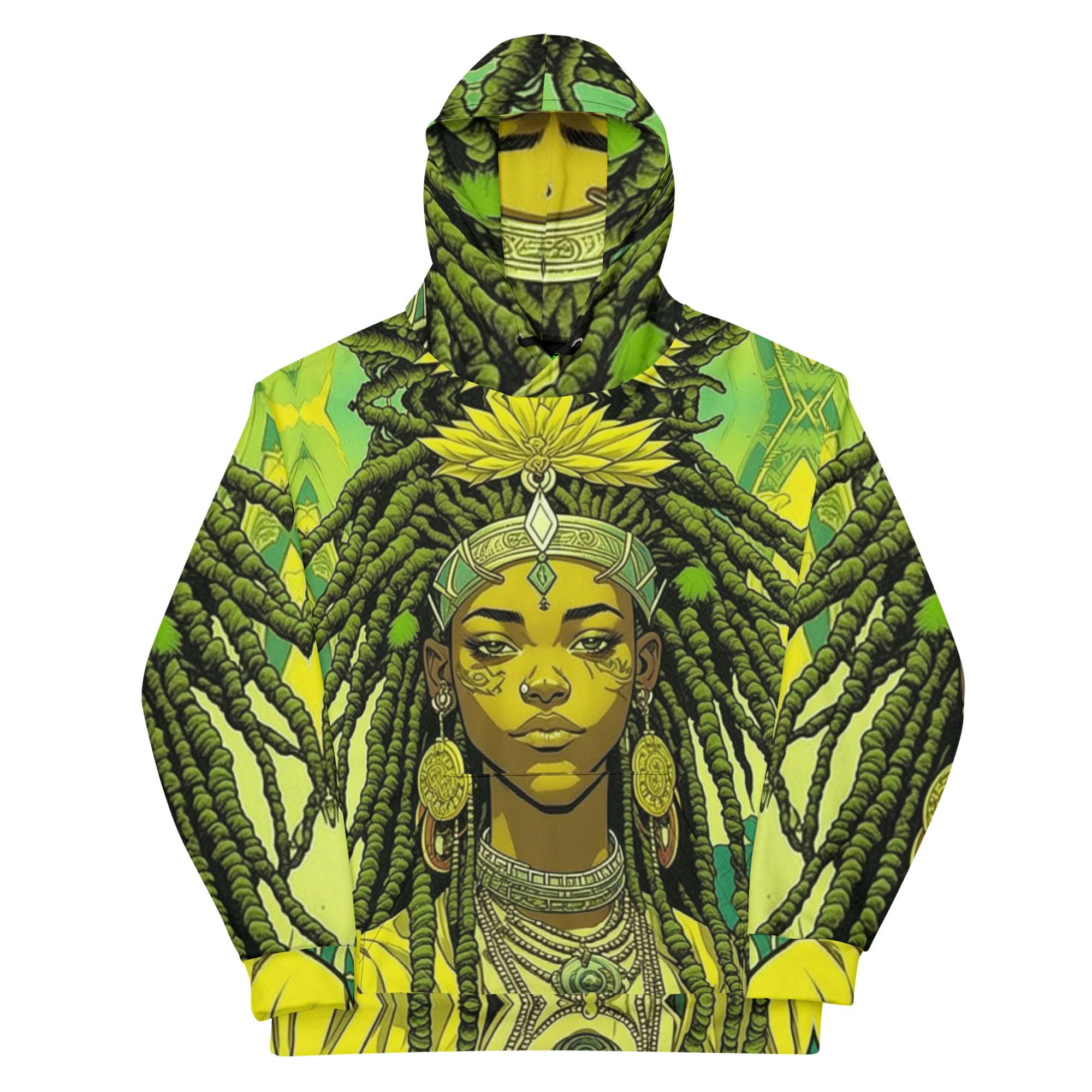 Empress Rasta Hoodie front view, dreadlocks and water lillies. Green queen goddess in original design from rastaseed.com Rastafarian clothing.