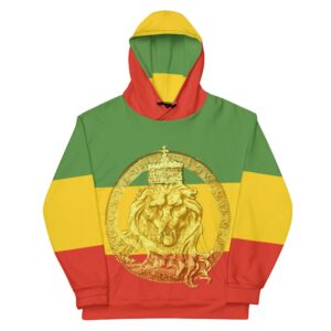 King Lion of Judah Rastafarian Hoodie front view made from soft cotton feel fabric with fleece lining, double hoodie and front pocket. Original Rasta hoodies.