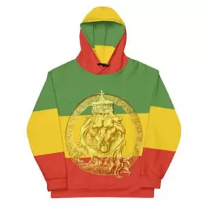 King Lion of Judah Rastafarian Hoodie front view made from soft cotton feel fabric with fleece lining, double hoodie and front pocket. Original Rasta hoodies.