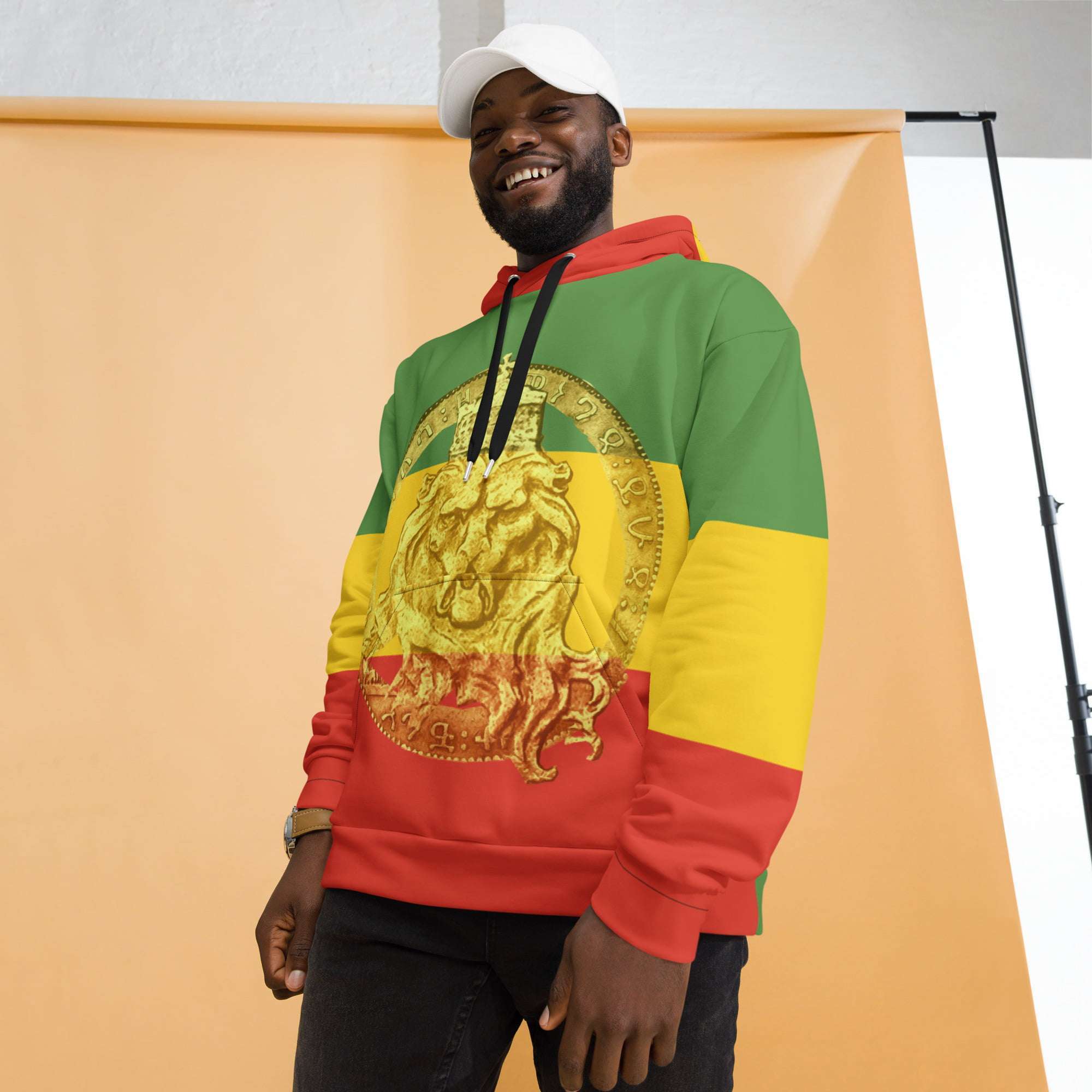 King Lion of Judah Rastafarian Hoodie model view made from soft cotton feel fabric with fleece lining, double hoodie and front pocket. Original Rasta hoodies.
