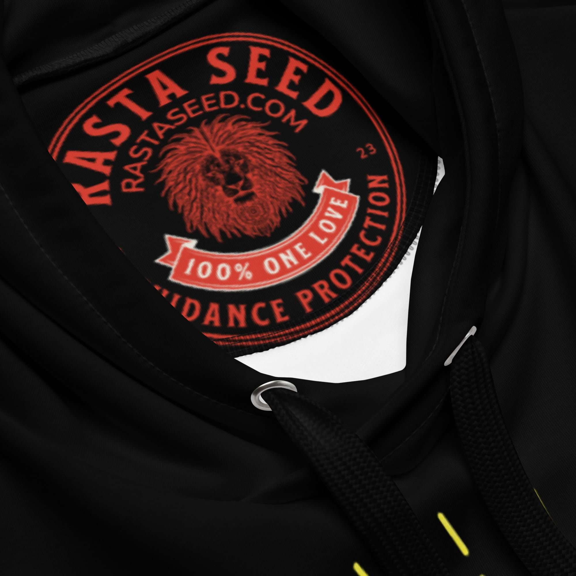 One Love Hoodie inside label branding view soft fabric with fleece inside is a unisex design. Available from 2XS to 6XL there is a size for everyone.