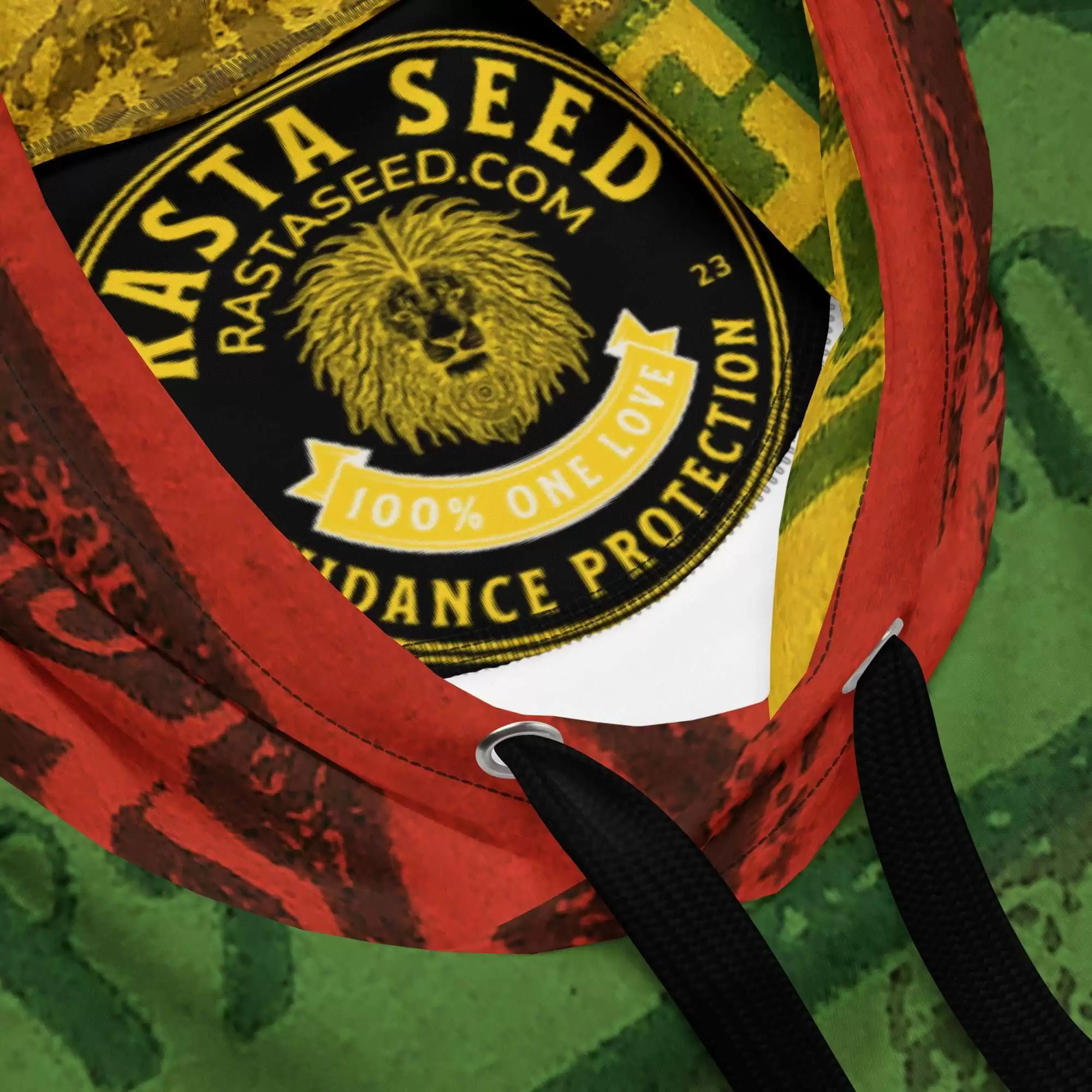 Haile Selassie African Rasta Hoodie inside branding view in cosy cotton feel fabric with fleece lining, double hoodie and front pocket. Haile Selassie clothing at Rastaseed.com