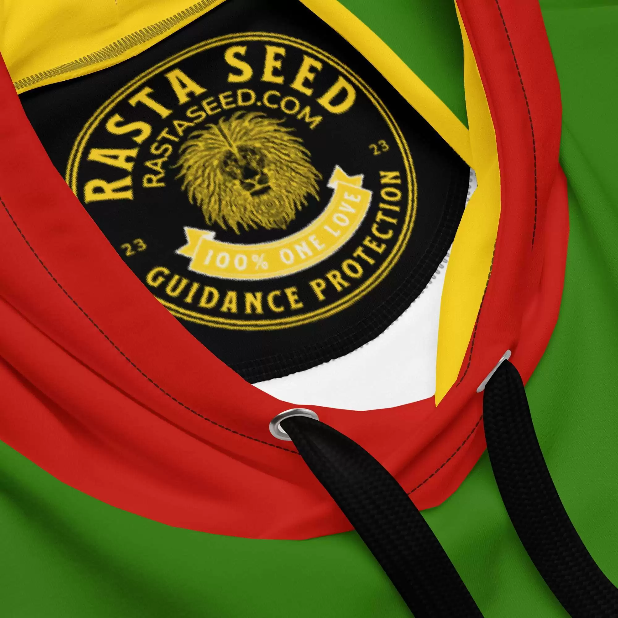 Conquering Lion of Judah Rasta Hoodie label branding view made from soft comfortable fabric with soft fleece inside. Double lined hood and front pocket.