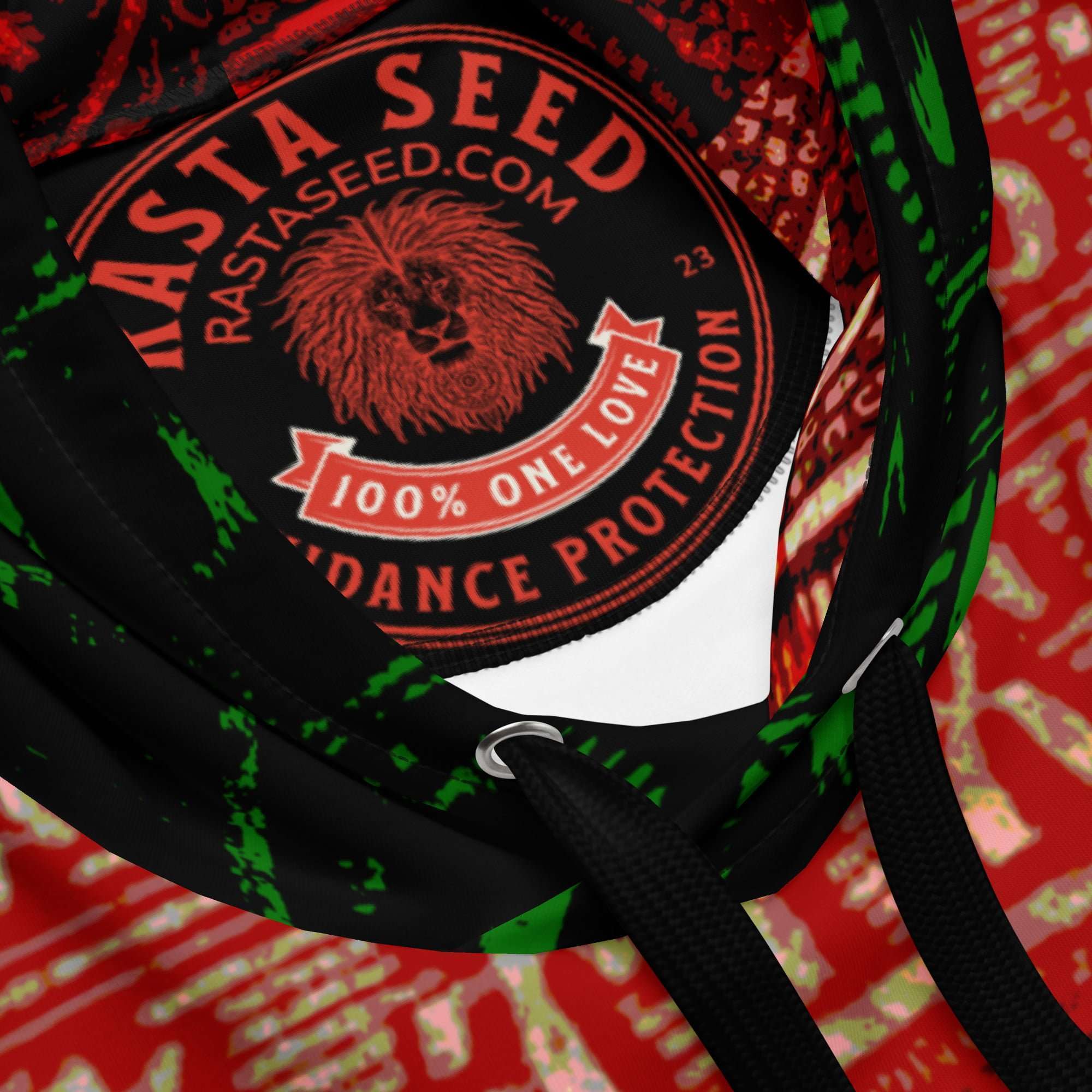 Garvey Revolutionary Hoodie label branding view in cosy cotton feel fabric with soft fleece lining, double hoodie and front pocket. Rasta and Jamaican Clothing at Rastaseed.com