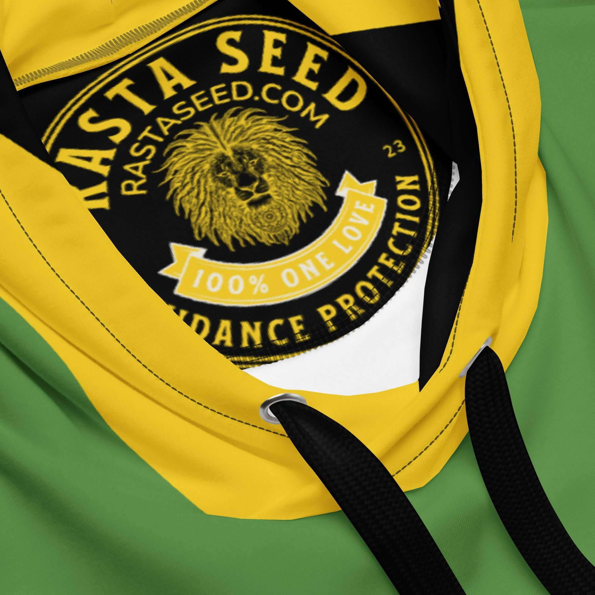 Jamaican Flags Hoodie label branding view in warm cosy fabric with fleece lining, double hoodie and front pocket. Rastaseed Jamaican merchandise and clothing.