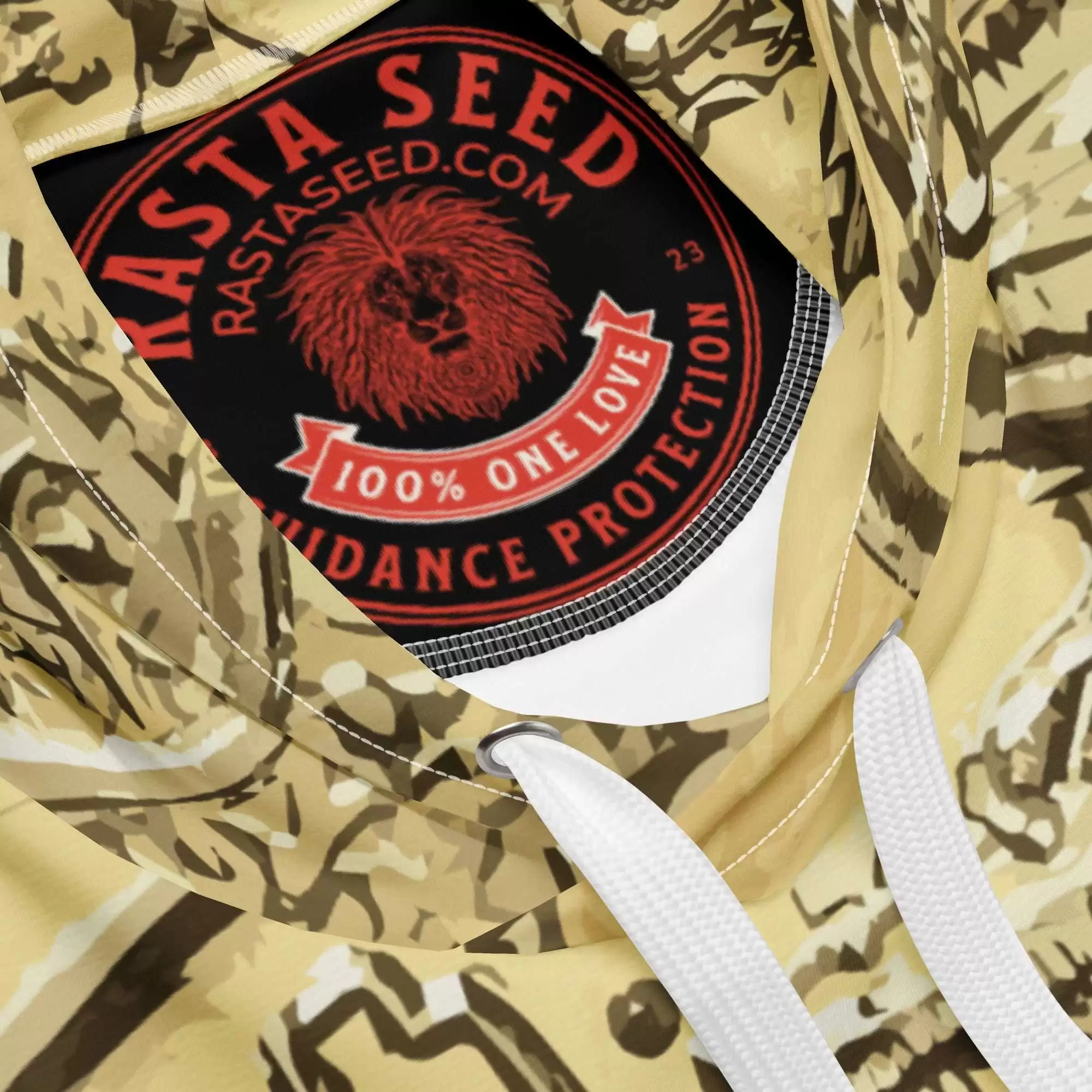 Haile Selassie Empress Menen Gold Hoodie label branding view in cosy cotton feel fabric with soft fleece lining double hoodie and front pocket.