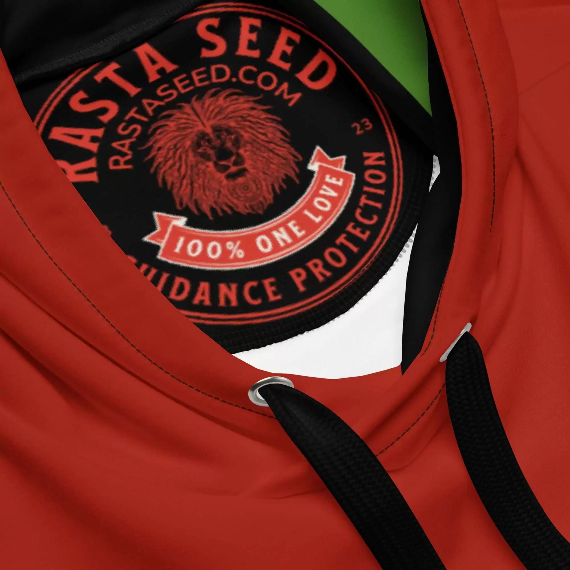 Rasta Pan African Lion Hoodie label branding view in cosy cotton feel fabric with fleece lining, double hoodie and front pocket. Original Rasta merchandise at rastaseed.com