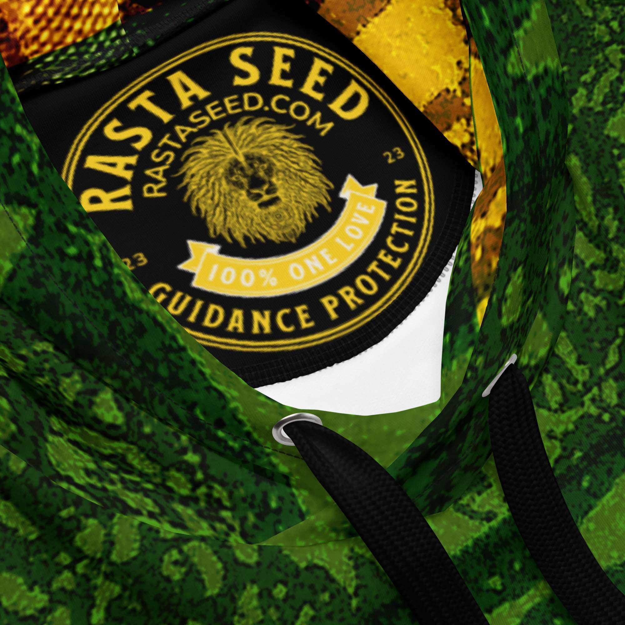 Selassie I Hoodie label branding view in Rasta colors and a soft cotton feel fabric with fleecy lining, double hoodie and front pocket. Rasta and Jamaican merchandise.