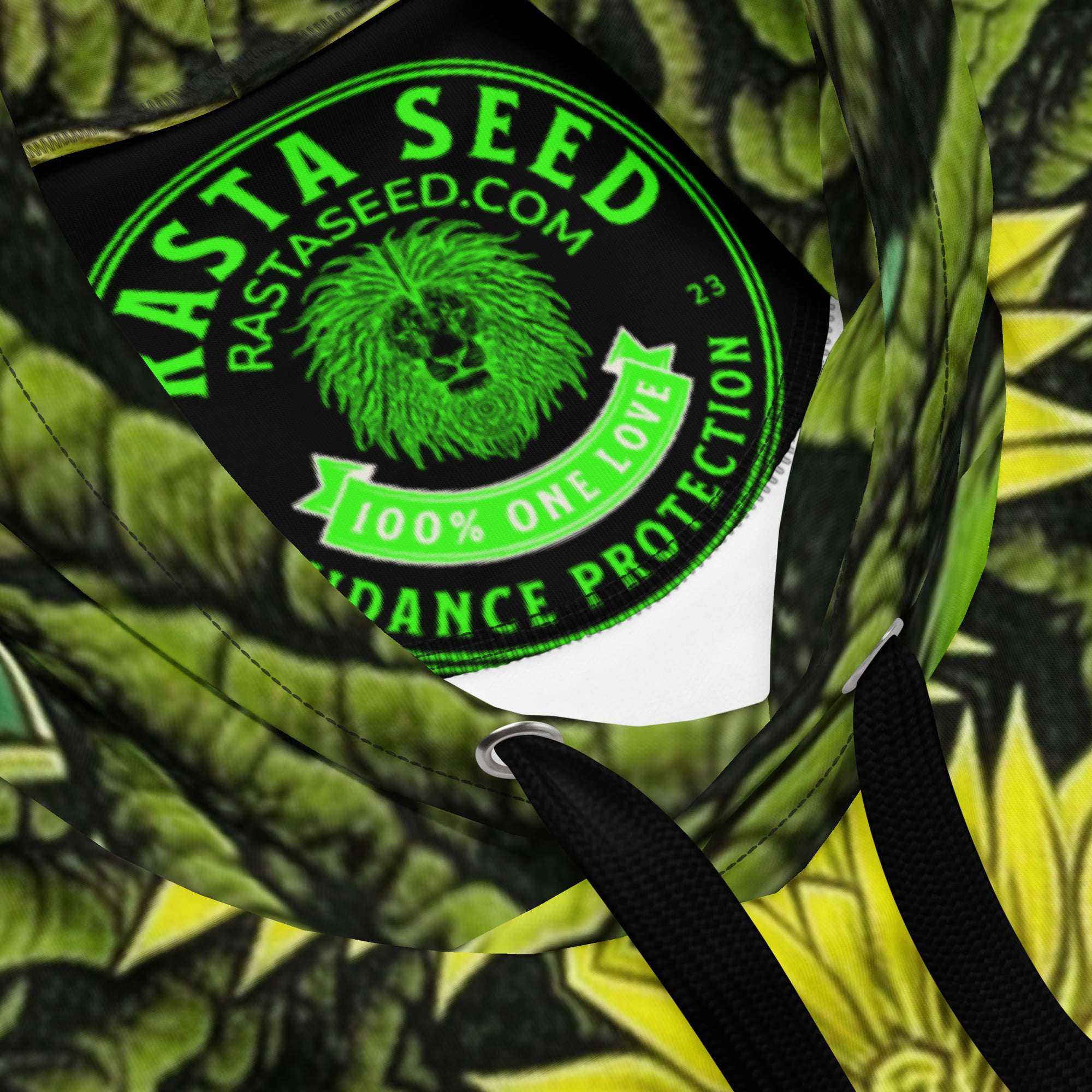 Empress Rasta Hoodie label branding view, dreadlocks and water lillies. Green queen goddess in original design from rastaseed.com Rastafarian clothing.