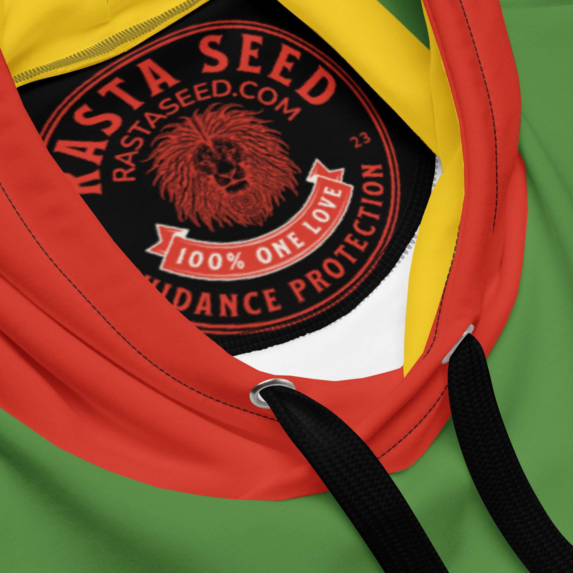 King Lion of Judah Rastafarian Hoodie lebal branding view made from soft cotton feel fabric with fleece lining, double hoodie and front pocket. Original Rasta hoodies.