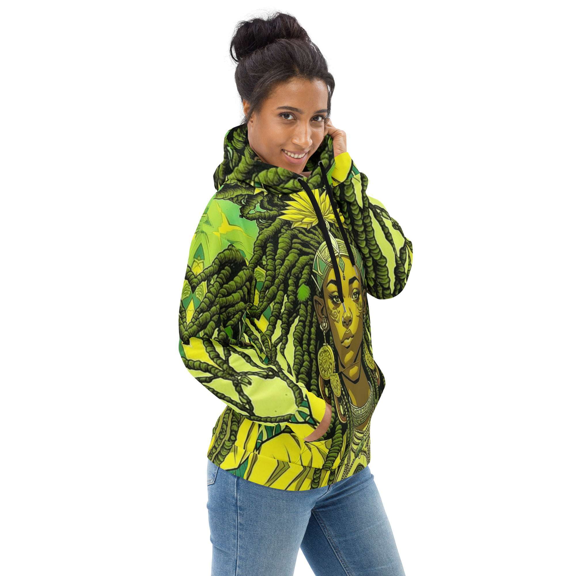 Empress Rasta Hoodie, model side front view dreadlocks and water lillies. Green queen goddess in original design from rastaseed.com Rastafarian clothing.
