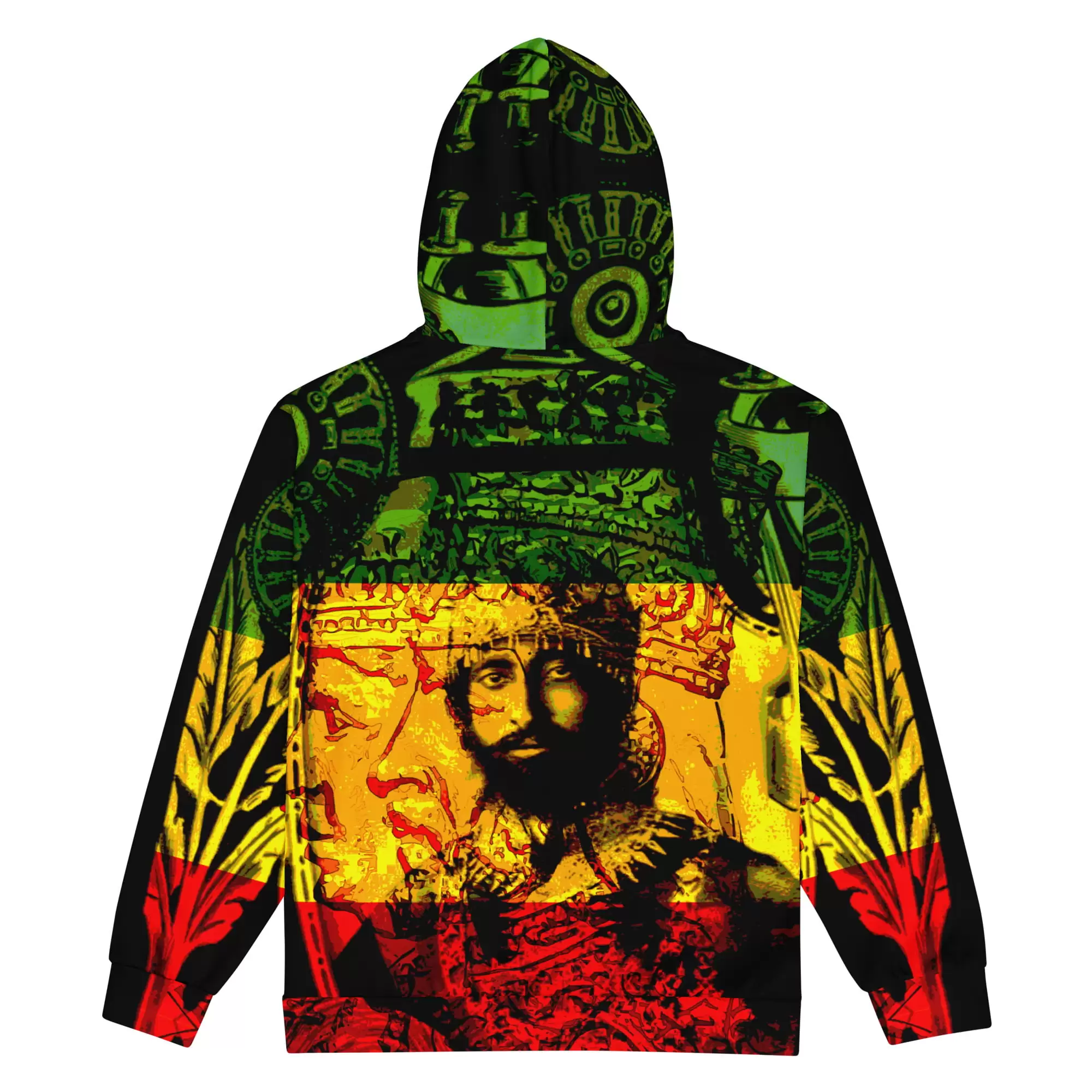 Haile Selassie Natural Mystic zip hoodie back view in the Rasta Reggae colors. King of Ethiopia, earth's rightful ruler. Jah lives Rastaseed.com