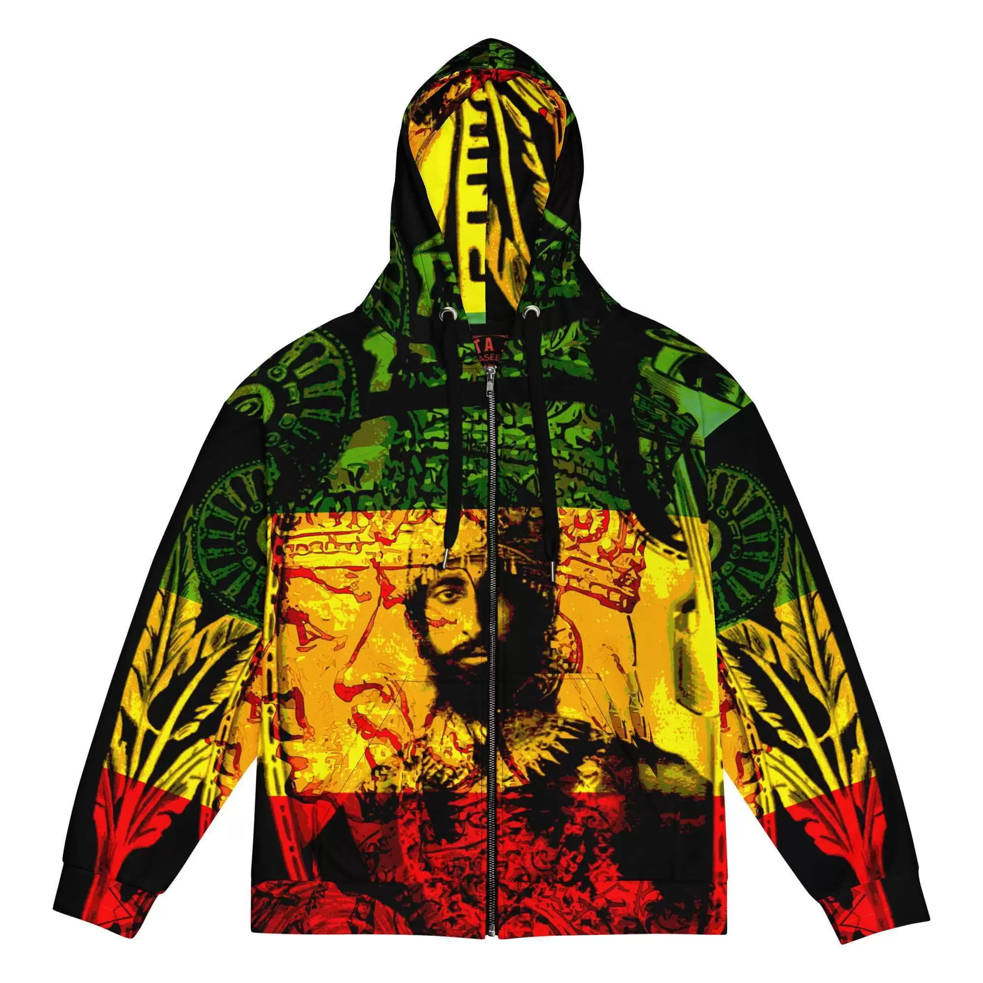 Haile Selassie Natural Mystic zip hoodie front view in the Rasta Reggae colors. King of Ethiopia, earth's rightful ruler. Jah lives Rastaseed.com